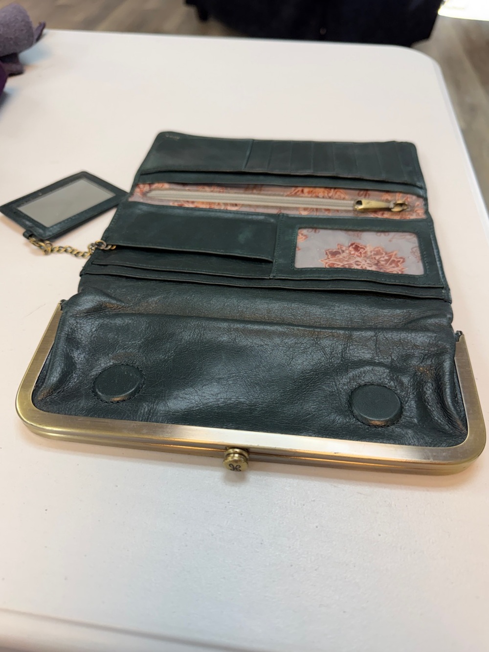 HOBO Rachel Dark Green/Teal Leather Kiss-Lock clutch Wallet